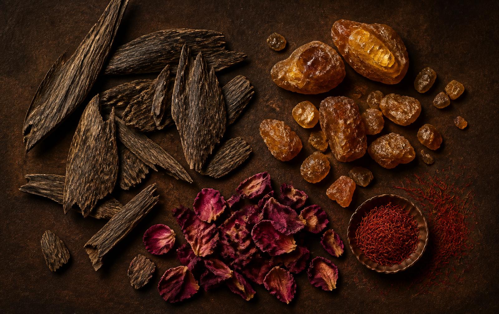 Oud wood, amber resin, dried rose and saffron